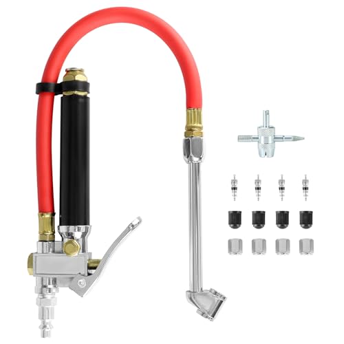 Image of QWORK 10-120 PSI Tire Inflator Gauge - Dual Head Chuck, 12-Inch Hose, Leak-Free Valve Core, Chrome-Plated Cast Steel, with 4 Way Tool and Valve Cores Tire Pressure Gauge