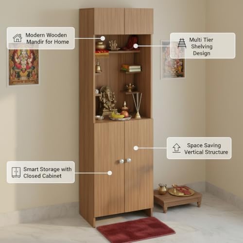 Image of FURNEASER Shivika Engineered Wood Pooja Mandir for Home | Modern Design Temple for Home & Office | Puja Stand Shelf | Prayer Cabinet Shelf (Exotic Teak)