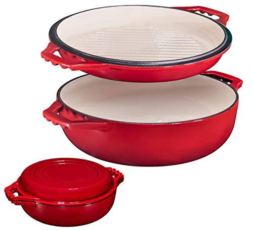 Bruntmor 2 in 1 Cocotte Double Braiser Cast Iron...