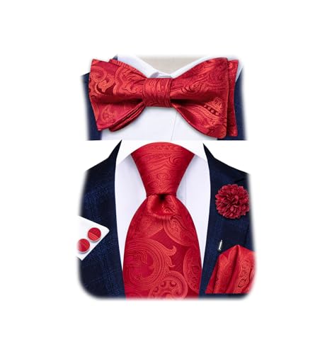 Image of Hi-Tie 5Pcs Mens Solid Color Silk Tie Satin Pretied Bowtie Lapel Pin for Men Handkerchief Cufflink Wedding Gift Box