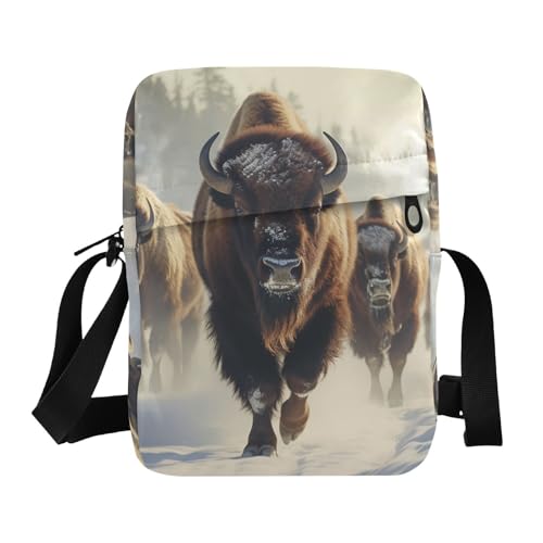 Crossbody Sling Bag for Women Men, Zipper Closure Messenger Bags Bison Herd Print with Card Phone Passport Compartment 6.6×9.4×2.5 IN