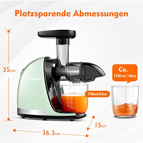 Foto von AMZCHEF Entsafter Gemüse und Obst Testsieger - Entsafter Slow Juicer mit Rückwärts-Kau-Funktion - Zartes Zerkleinern ohne Filtern - Saftpresse Elektrisch mit Bürste und 2 Tassen - Grün