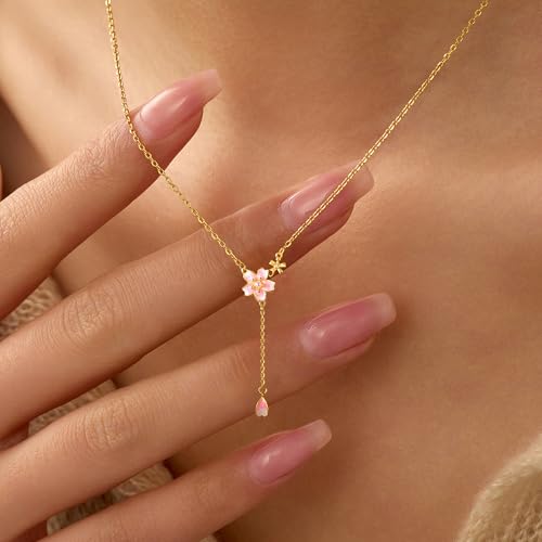 925 Sterling Silver Cherry Blossom Necklace for Women Graduation Pink Jewelry 14K Gold Plated Cute Birth Month Enamel Flower Pendant Necklace Floral Artificial Stone Pearl Chain Birthday Jewelry Gifts2