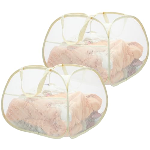 Image of 2 Pack Collapsible Laundry Baskets, 90L Large Foldable Laundry Basket, Durable Mesh Pop Up Hampers for Laundry, Dirty Clothes Laundry Hamper for Bedroom, Bathroom, Dorm, Laundry Room, Travel Beige
