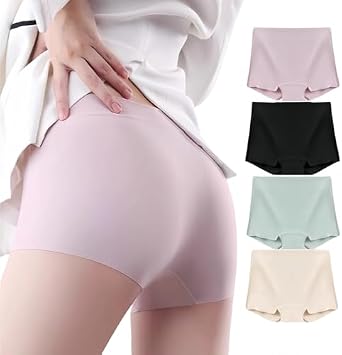 Womens Ice Silk Seamless Boxers Panties 4 Pack Cotton Breathable Soft No Show Yoga Workout Invisible Underwear