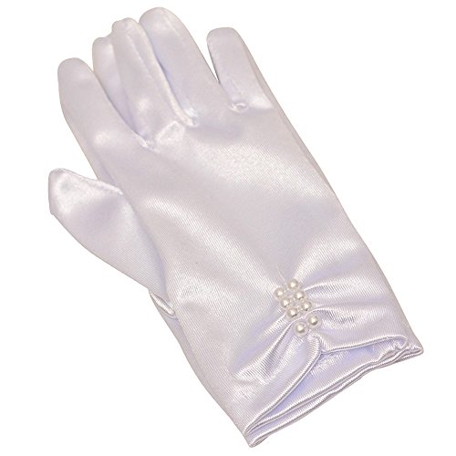 Bonnie Jean Girls White Gathered Beaded Detail Communion Flower Girl Gloves 4/6X