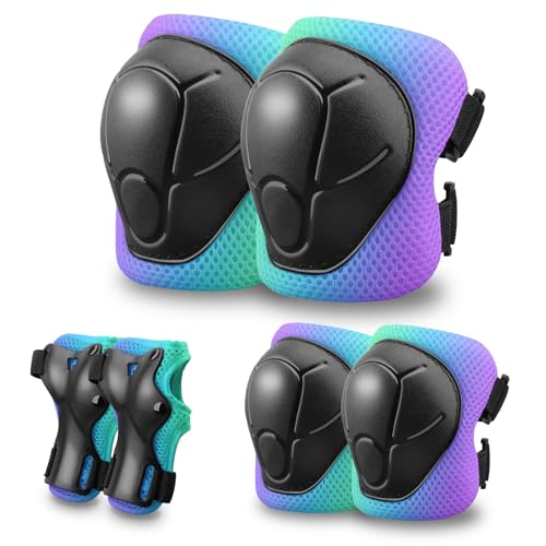 Kids Protective Gear Set Knee Pads for Kids 3-14 Years Toddler Knee and Elbow Pads with Wrist Guards 3 in 1 for Skating Cycling Bike,Biking, Roller Skates, Scooters (Green Blue Purple, M(8-14Years))
