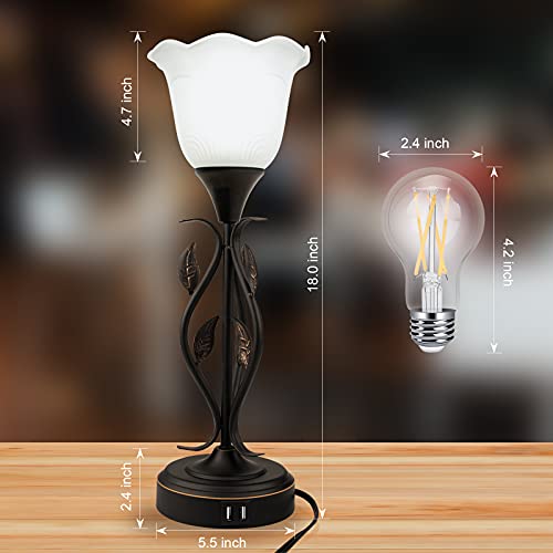 Bedside Lamps Set Of 2, Table Lamp With Usb Port 3 Way Dimmable Touch Lamp Torchiere Nightstand Lamps With Rustic Vines Leaf And Glass Flower Shade Lamp For Bedroom, Living Room, Office #TOP1