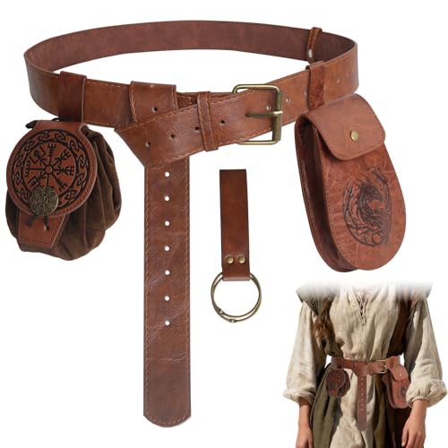 RICKMASK CinturóN Medieval con Bolso, 4 Piezas Disfraz Vikingo Accesorios, Disfraz Vikingo Hombre Mujer para Halloween Cosplay Piratas Brujas Caballeros Renacentistas (Marrón)