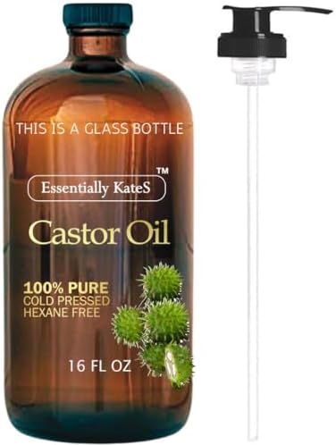 Essentially KateS Castor Oil 16 Fl Oz (Glass Bottle) - Original - A Huge Glass Bottle with a Pump - 100% Pure and Natural, Cold Pressed, and Hexane-Free - Hair and Body