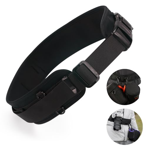Cwatcun Multi-Function Camera Waist Belt Outdoor Photography Breathable Adjustable Camera Waist Strap with D-rings for Lens Pouch Flash Bag Photography Accessories Black
