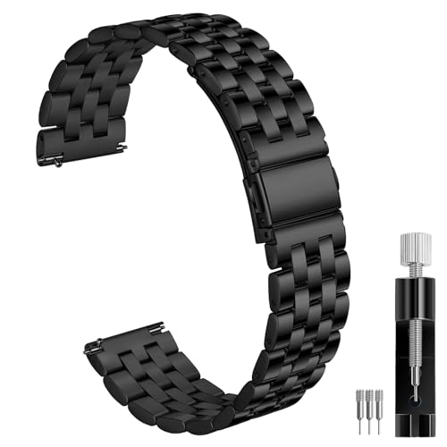 SEURE Stainless Steel Watch Bands 18mm 20mm 22mm 24mm Metal Replacement Quick Release straps Men Women for Samsung Galaxy Watch 6/5/4/3,Fit for Garmin Watch(Black,24mm)
