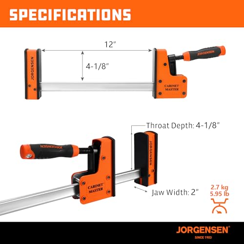 Image of JORGENSEN 12-Inch Parallel Bar Clamp, Heavy-Duty Cabinet Master Clamp for Woodworking Glue-Up, 2200 lbs Force, Quick Release, Spreader Function, 2-Pack