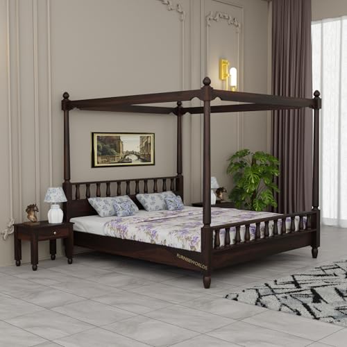 Image of Sheesham Wood Bed King Size Poster Bed Canopy Bed | cot for Bedroom and Hotel | Solid Wood King Size cot 1 Year Warrenty (Walnut Finish, King)