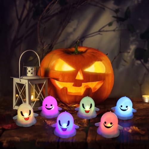 Image of KIMOBER Halloween Flameless Candles,6Pcs White Ghosts Colorful LED Candles for Indoor Halloween Decorations Home Halloween Decor