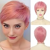 Swiking Short Pink Wigs for Women Side Part with Bangs Synthetic Pixie Cuts Wigs for Cosplay Daily Party Use