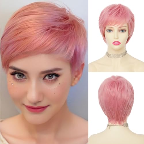 Swiking Short Pink Wigs for Women Side Part with Bangs Synthetic Pixie Cuts Wigs for Cosplay Daily Party Use