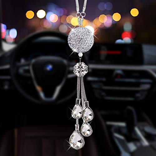 ALOTEX White Bling Car Rearview Mirror Accessories Hanging Car Ornaments Crystal Ball
