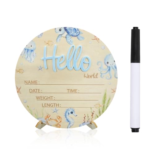 Baby Announcement Sign, 5.9 Inch Wooden Hello World Newborn Sign,Welcome