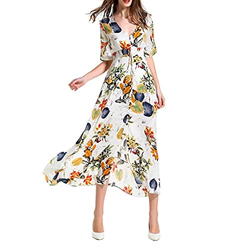 Pabuyafa Vestido largo casual de verano de manga corta Boho V cuello largo vestido corto manga media cintura alta playa, Apricot Half Sleeve, M Cover