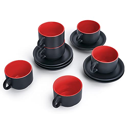 Miamio - 2.5 Oz Espresso Cup Set With Saucers Coffee Mug Set Of 6 - Ceramic Coffee Mug Stackable Espresso Mug With Stand For Coffee Drinks, Latte, Cafe Mocha - Le Papillon Collection (Red) #TOP2