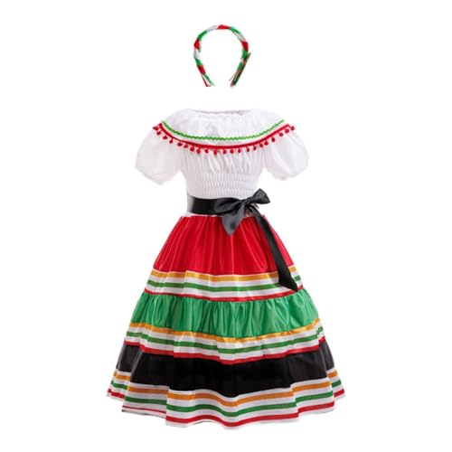 Lito Angels Robe Fille Style Mexicain Deguisement Coloré avec Bandeau pour Carnaval Spectacle Scolaire Semaine Culturelle Anniversaire Livre 7–8 Ans