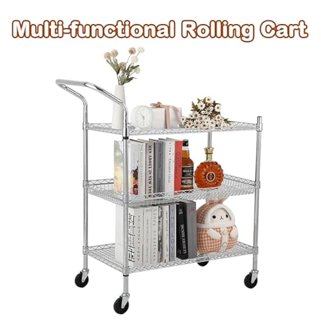 3 Tier Metal Rolling Utility Cart on Wheels, Chrome Steel Wire Storage Trolley with Handle, Heavy Duty Kitchen Serving Cart Organizer for Home Office Warehouse, High Handle-mwImp0VZ