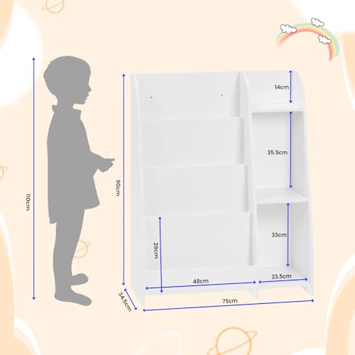 Lestarain Lestarain Bücherregal Kinder, Montessori Kinderregal, Spielzeugregal, mit 4 Regalebenen und 3 Fächern, offenes Standregal Aufbewahrungsregal, für Kinderzimmer Spielzimmer, Weiß, 75x90x34,5 cm - Produktansicht 3 | Kinderzimmermöbel