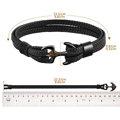 Emibele Bracelet For Men, Sturdy Cowhide Leather Bracelet, Multilayer Vintage Anchor Bracelet Wrap Cuff - Black With Black Anchor #TOP3