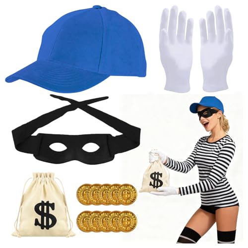 RAOPNHS Räuber Kostüm Set Panzerknacker Kostüm Accessoires inkl. 10 Goldmünzen Handschuhe und Augenmaske Karnevalskostüme Herren für Mottoparty und Halloween