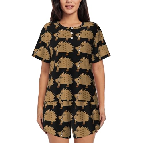 Pyjama femme doux imprimé sanglier sauvage avec poches pratiques