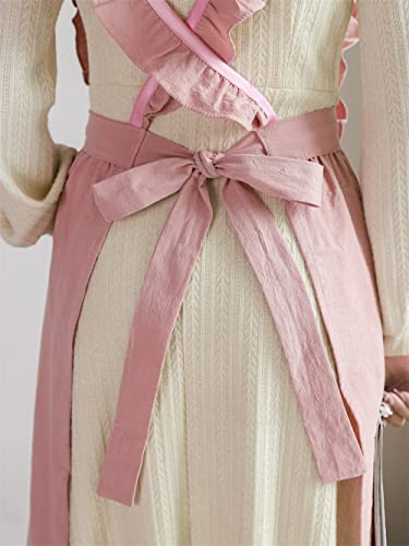 Girls Women Pleated Cotton X Back Long Aprons Home Kitchen Garden Art Pinafore Florist Shop Overalls (Pink, 35Wx 42L) #TOP7