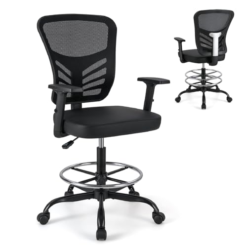 CASART Mesh Drafting Chair, Rolling Ergonomic Office Chairs with Adjustable Seat Height, Armrest & Footrest, Home Office Conference Task Chair Comfy Seat (Black, 66 x 66 x 104-125cm)