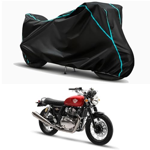 Image of Waterproof Bike Body Cover Compatible for | Royal Enfie Interceptor 650 ABS | Taffeta Fabric, Sky Piping Design, Bottom Elastic Fit | Dustproof, Sun UV & Rain Protection for All Weather.