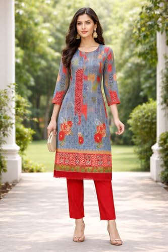 Image of Women's Cotton Blend Unstitched Kurti Set for Women | A-Line Style Dress Material | 2-Piece Traditional Ethnic Wear Suit Fabric