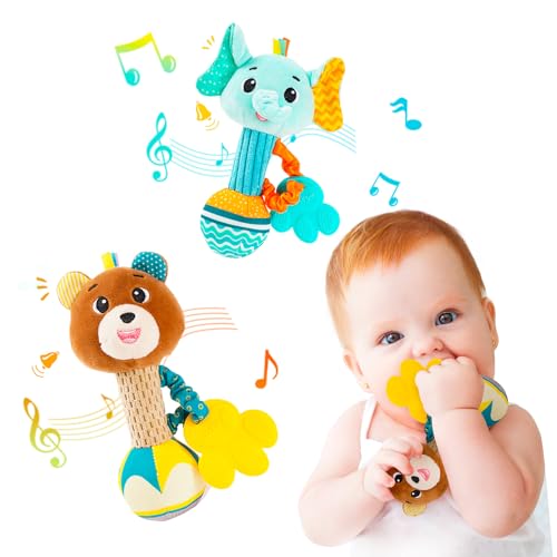 Image of Baby rattles 0-6 months, Set of 2 rattles for babies 0-6 months, Soft Stuffed Animal Rattle Hand Grip Baby Toys, baby rattle Shaker Crinkle Squeaky Sensory Travel Accessories for 0 3 6 9 12 Months old