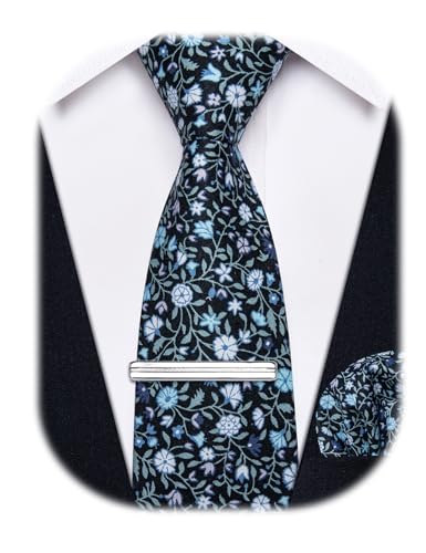 Image of YourTies Cotton Floral Tie for Men 2.5 inch Printed Skinny Necktie Pocket Square Tie Clip Set Flower Wedding Party Groom