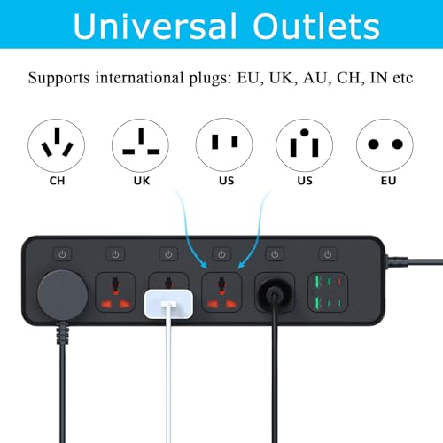 Extensión Jumpso con 5 tomas universales y 6 puertos USB, cable de 1.83 m, 110V, 3000W, puerto USB-C PD 30W miniatura 3