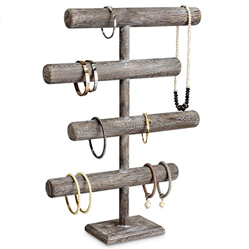 Mooca Wooden 4-Tier Jewelry Display Stand, Wooden Necklace Jewelry Display Organizer Bracelet Holder