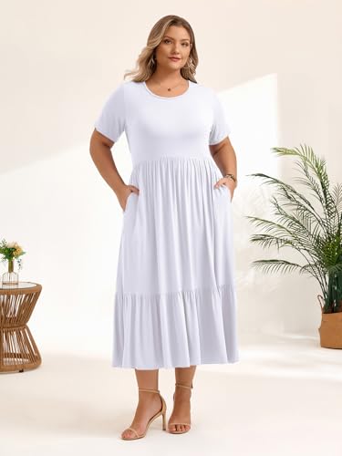 Image of LARACE Plus Size Dresses for Women Summer Casual Short Sleeve Long Dress Flowy Maxi Beach Dresses with Pockets L-6XL