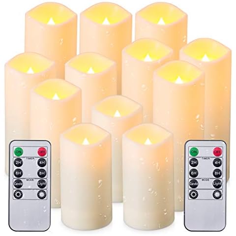 Enpornk Waterproof Flickering Flameless Candles, Set of 12 Battery Operated Candles (D2.2'' x H4''5''6''7"), Outdoor Indoor Candles with 10-Key Timer Remote, Long Lasting Cover