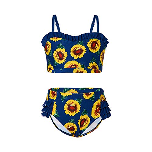 1-8T Baby Girls Two Piece Swimsuits,Kids Girl Fruit/Sunflower/Leopard Print Hawaii Bikini Beach Bathing Suit for Vacation (Dark Blue, 1-2 Years)