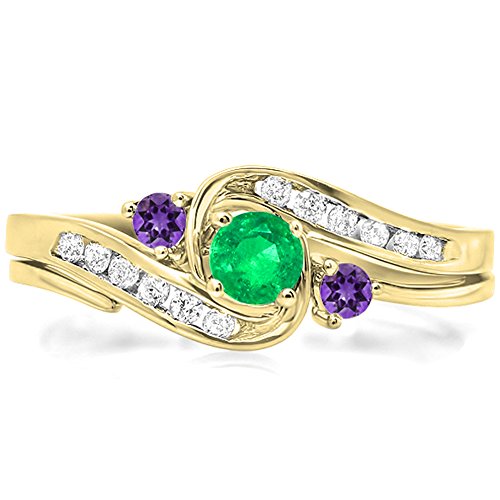 Dazzlingrock Collection 14K Solid Gold Green Emerald and Amethyst and White Diamond Womens Swirl Bridal Engagement Ring Set
