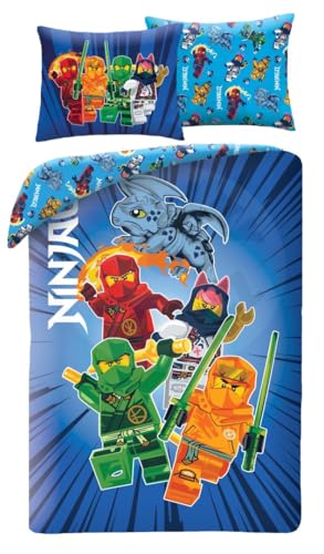 Halantex Parure de Lit Lego Ninjago, Housse de Couette Réversible 140x200 cm + Taie d'oreiller, 100% Polyester