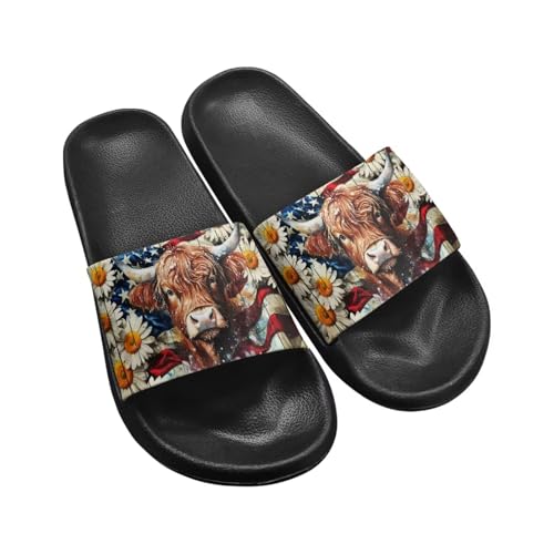 Jeiento Highland Cow American Flag Slide Shower Shoes Non Slip Thick Cushion Mens Sandals Slip On Beach Water Shoes Quick Drying Comfy Walking Travel Shoes,Size 8