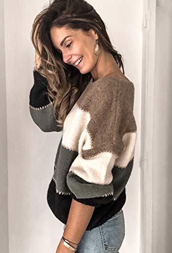 Angashion Women's Sweaters Casual Long Sleeve Crewneck Color Block Patchwork Pullover Knit Sweater Tops Grey M