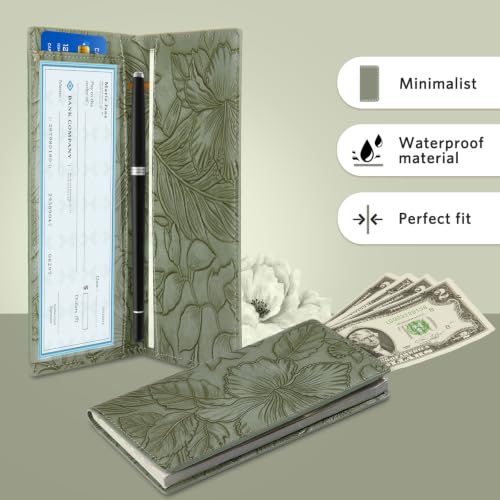 Image of CoBak Premium Leather Checkbook Cover - RFID Blocking, Classic Design, Slim & Durable - Perfect for Personal & Business Checks,Green Embossed Narcissus