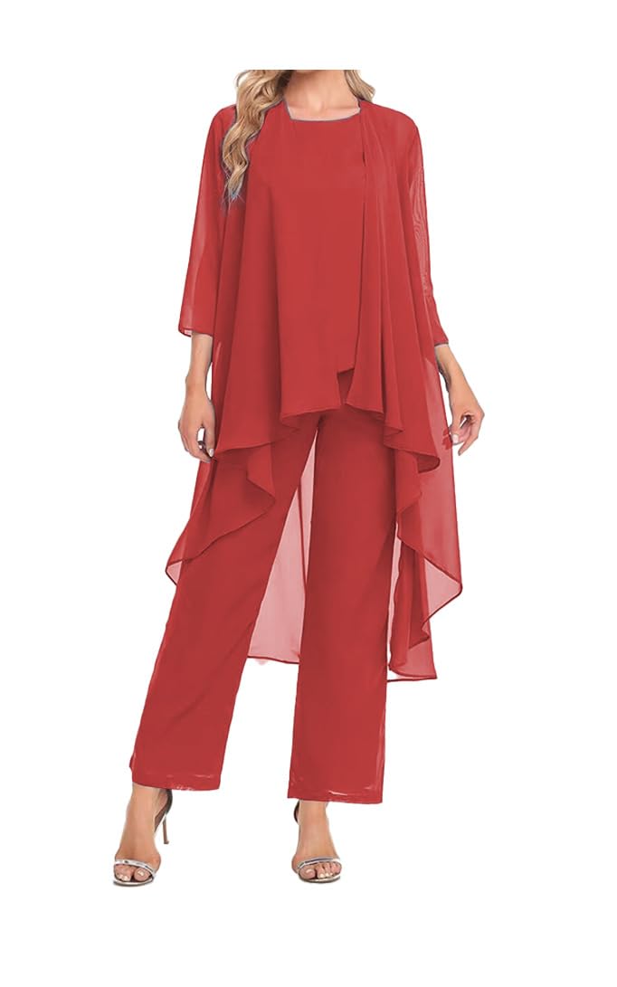 Mother of The Bride Pant Suit with Jacket 3 Piece Chiffon Sets Ruffle Layers Wedding Guest Outfit Red