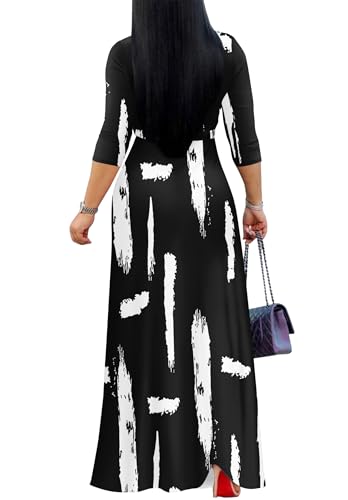 FANDEE Women Print Maxi Dress V Neck 3/4 Sleeve for Women Casual Tie Waist Belted Dresses2