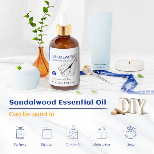 Image of HIQILI Sandalwood Essential Oils for Skin, Diffuser & Candle Soap Making | Versatile for Perfume, Hair Care & Room, Moisturizes, Deodorizes Laundry - 30ml / 1.01 fl oz
